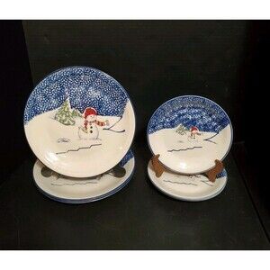 Thomson Pottery Snowman Spongewear Dinner & Lunch Plates Christmas Winter 6Pc